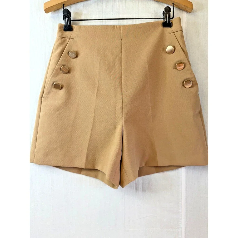 ZARA Camel High Waist Sailor Shorts Gold Button Made In Spain Women's XS US 2